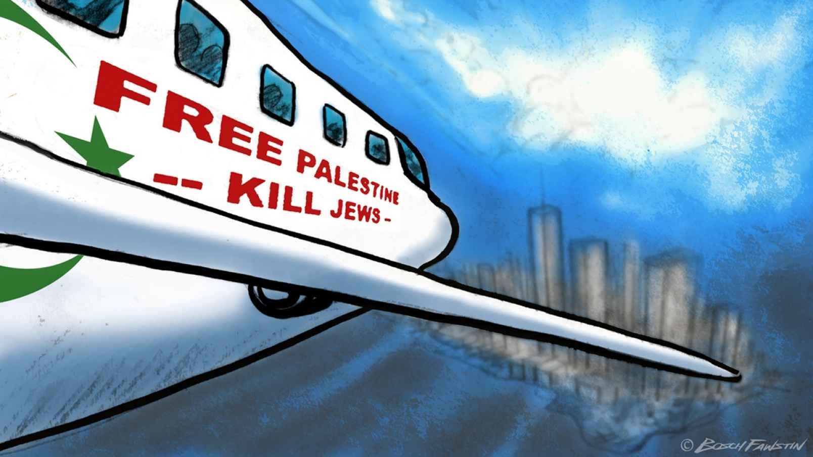 Cartoon plane heading for city with words Free Palestine Kill Jews Cartoon plane heading for city with words Free Palestine Kill Jews