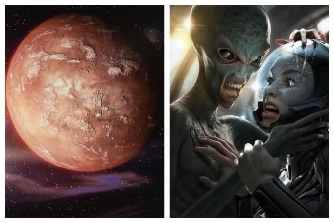 image of mars on left; Alien attacking human on right image of mars on left; Alien attacking human on right