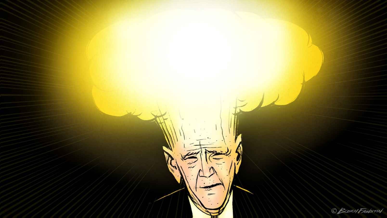 cartoon Biden with Mushroom cloud head cartoon Biden with Mushroom cloud head